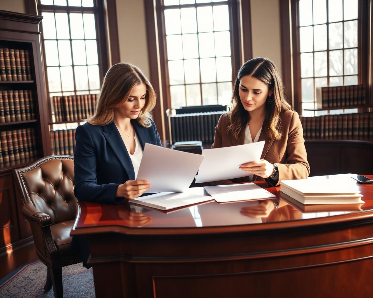 Two Texas family law attorneys reviewing case documents in their office
