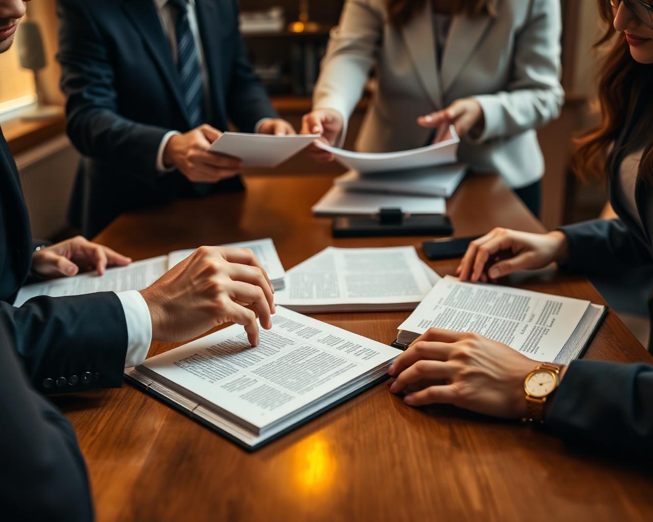 Legal team collaborating over case files and law books