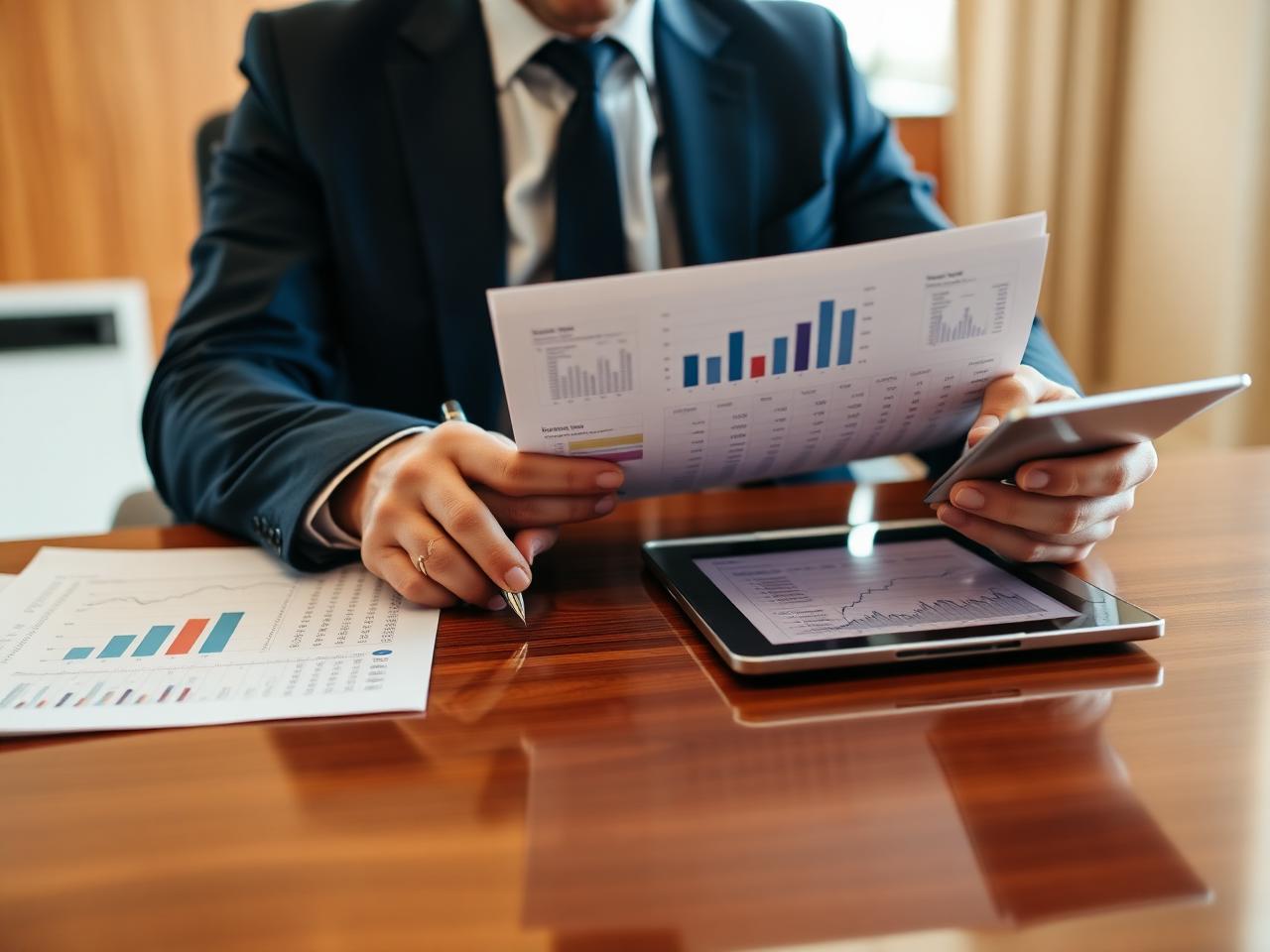 Financial advisor reviewing investment statements at a polished desk