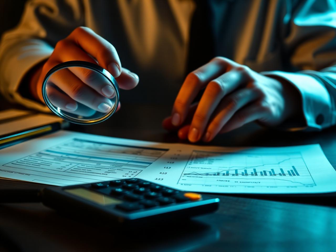 Forensic accountant analyzing financial records with magnifying glass