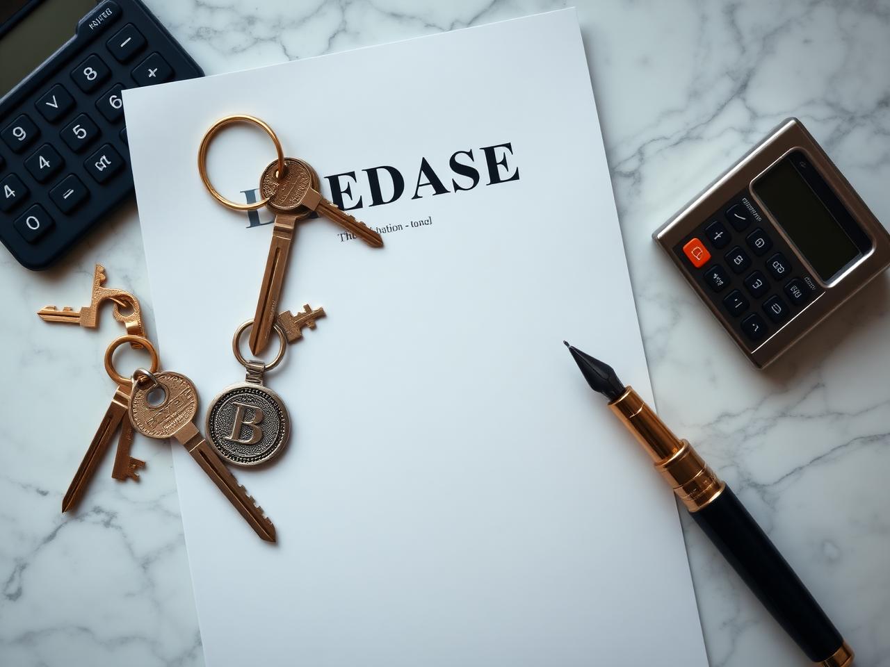 Real estate keys, deed and calculator on a marble desk
