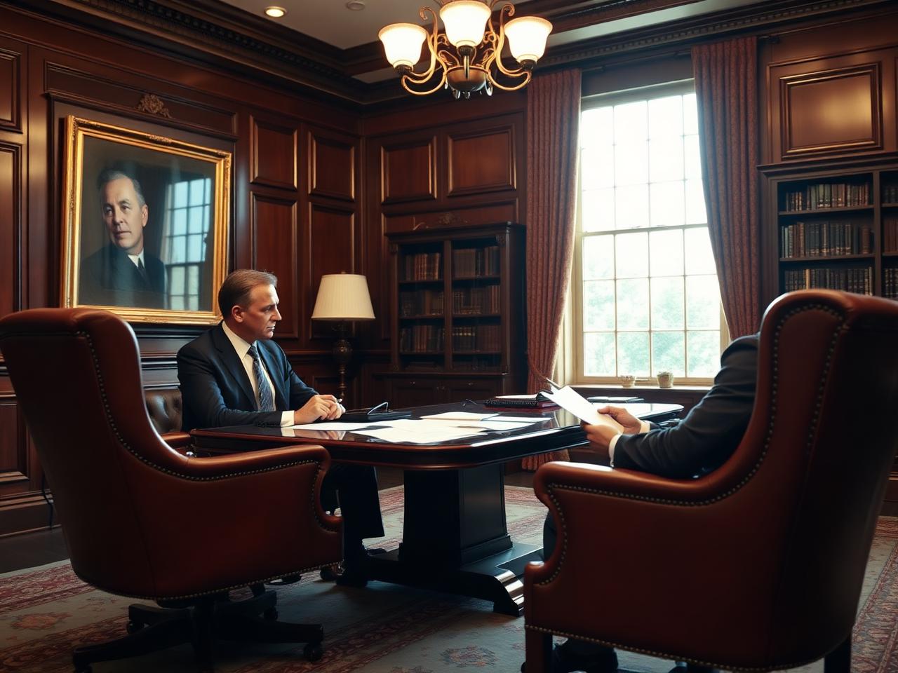 Attorney consulting with a client across a leather-topped desk