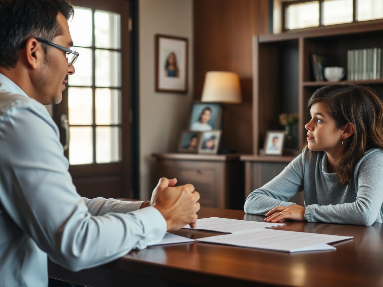 Family attorney consulting with a parent at a wood desk with family photos