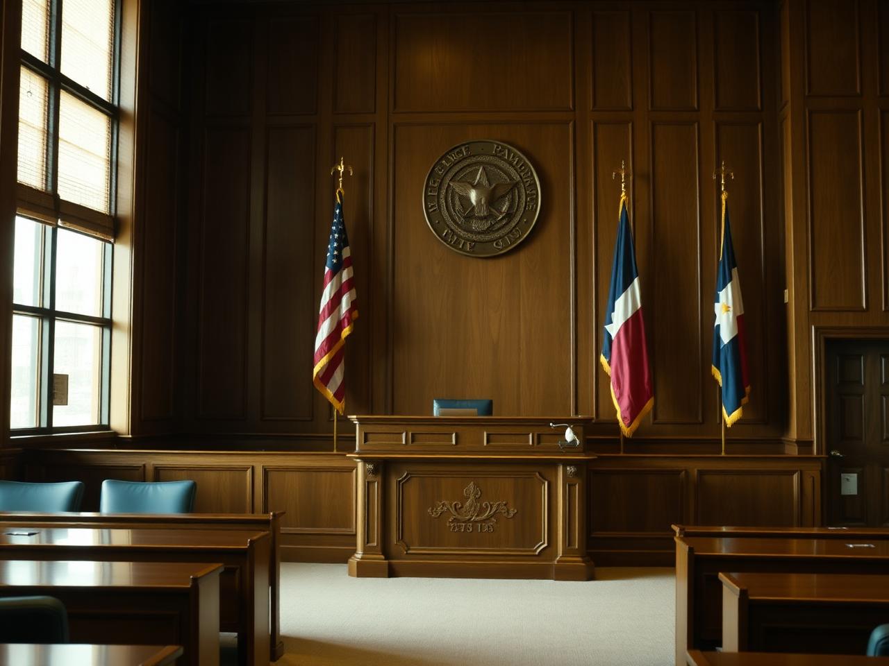 Texas family courtroom interior with American and Texas flags