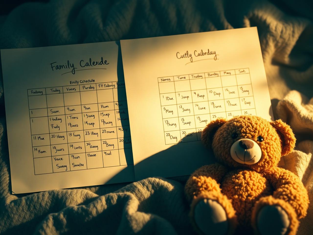 Family calendar with custody schedule and a teddy bear in soft light