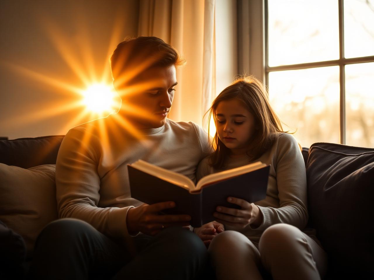 Parent reading a book with a child by warm window light