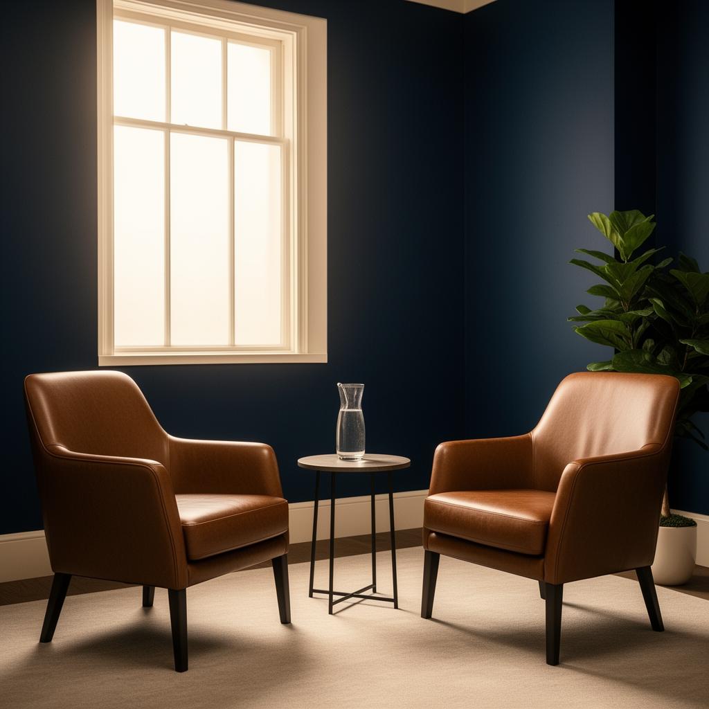 A calm private consultation room with two leather chairs facing each other