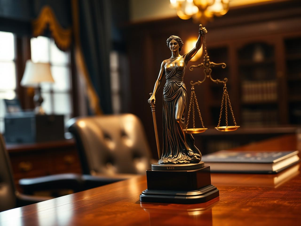 Bronze Lady Justice statue on a polished mahogany law office desk