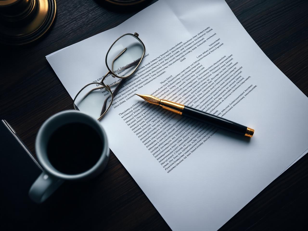 Fountain pen, reading glasses, and legal contract on a dark wood desk