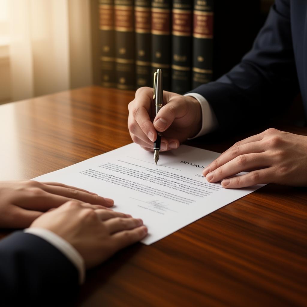 Attorney guiding a client through signing divorce paperwork
