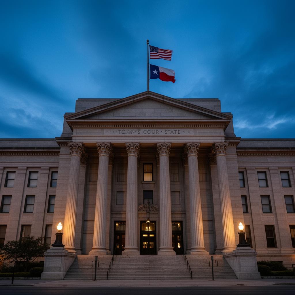 A Texas state courthouse with American and Texas flags at twilight