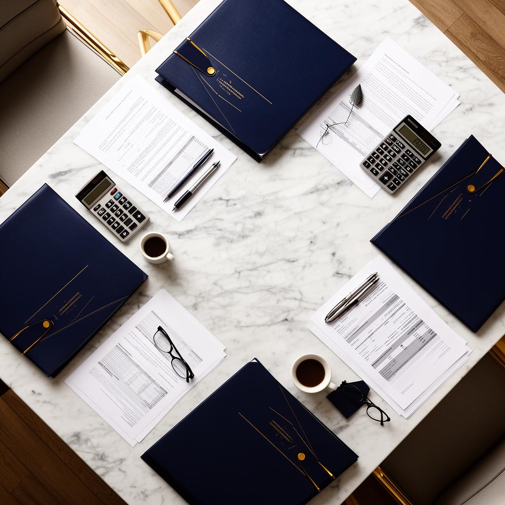 Top-down view of divorce financial documents and folders on a marble desk