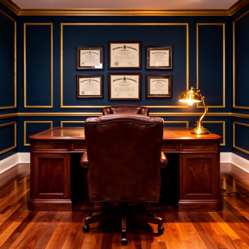 A distinguished private attorney's office with framed credentials