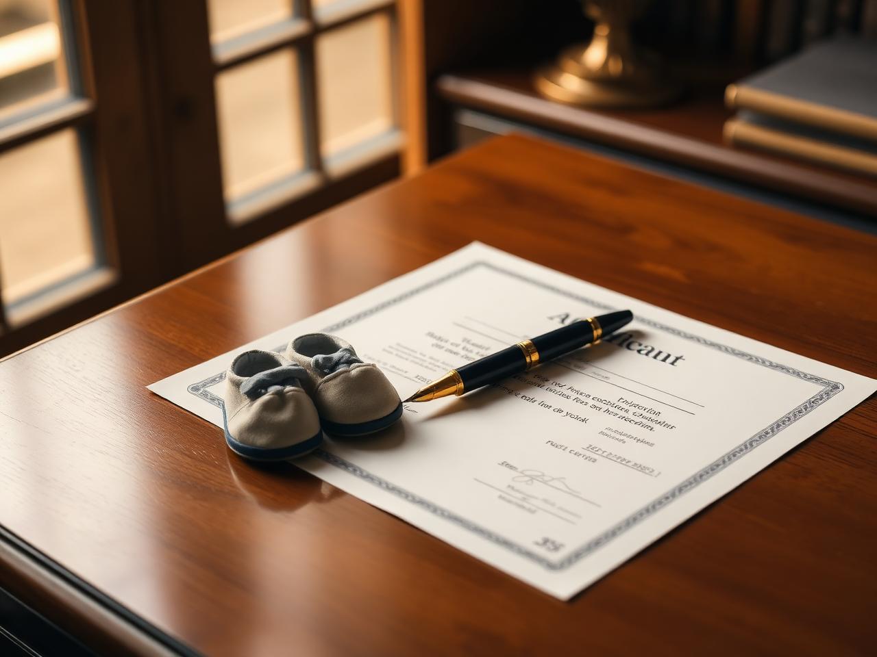 Adoption certificate, fountain pen and small baby shoes on a wood desk