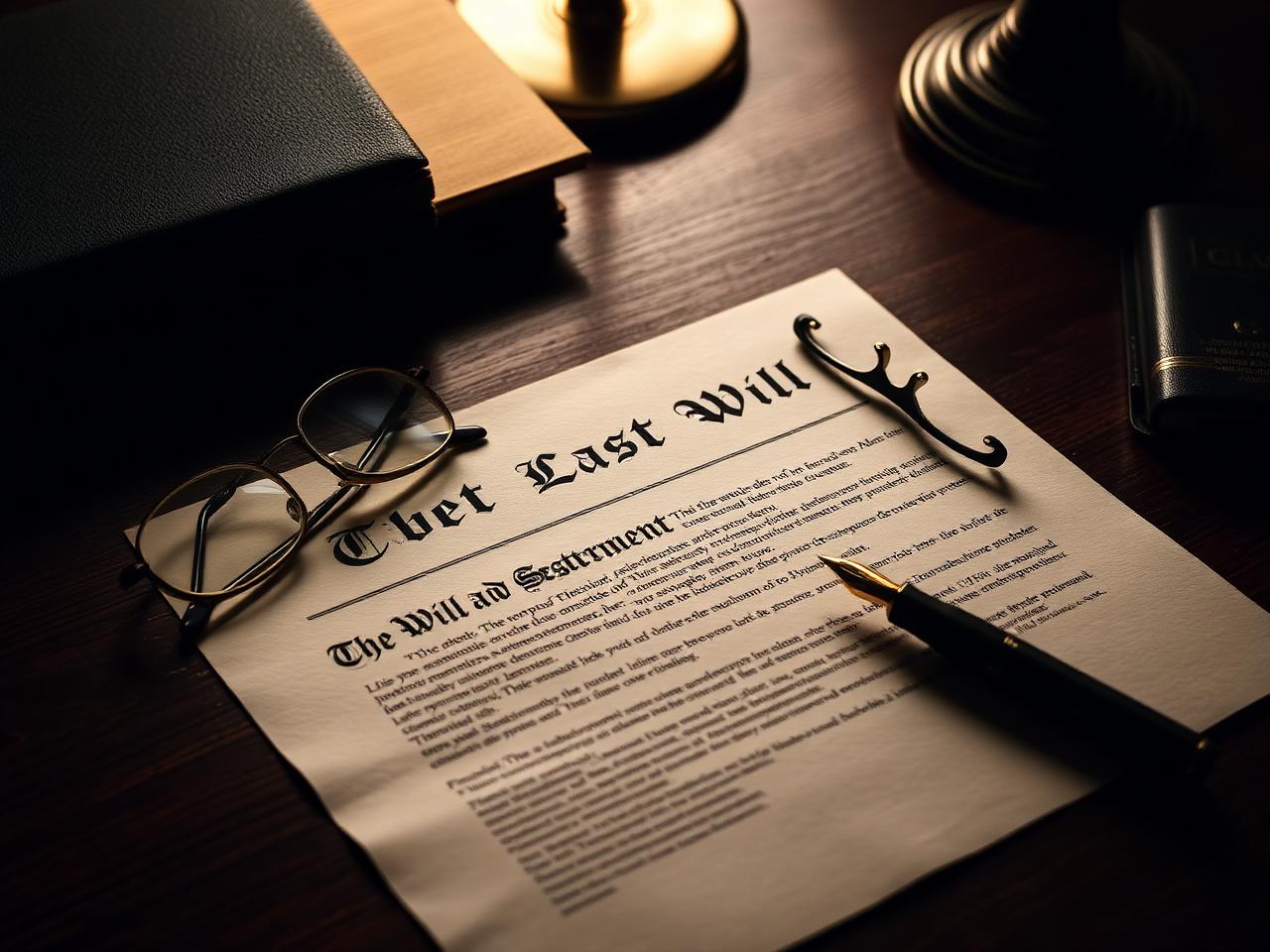 Last will and testament with reading glasses and fountain pen on wood