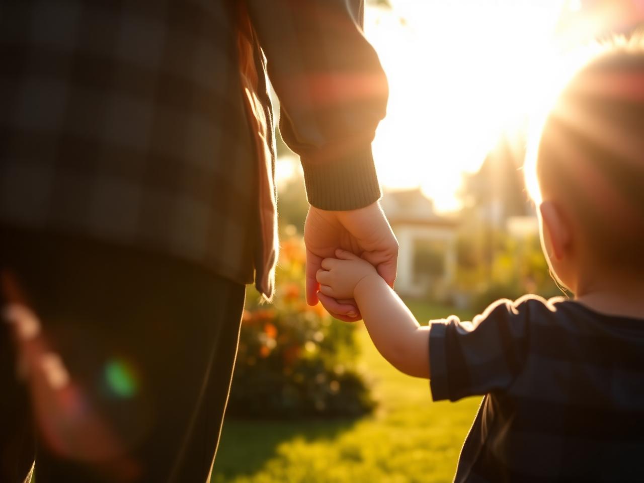 Grandparent and grandchild holding hands in a sunlit garden